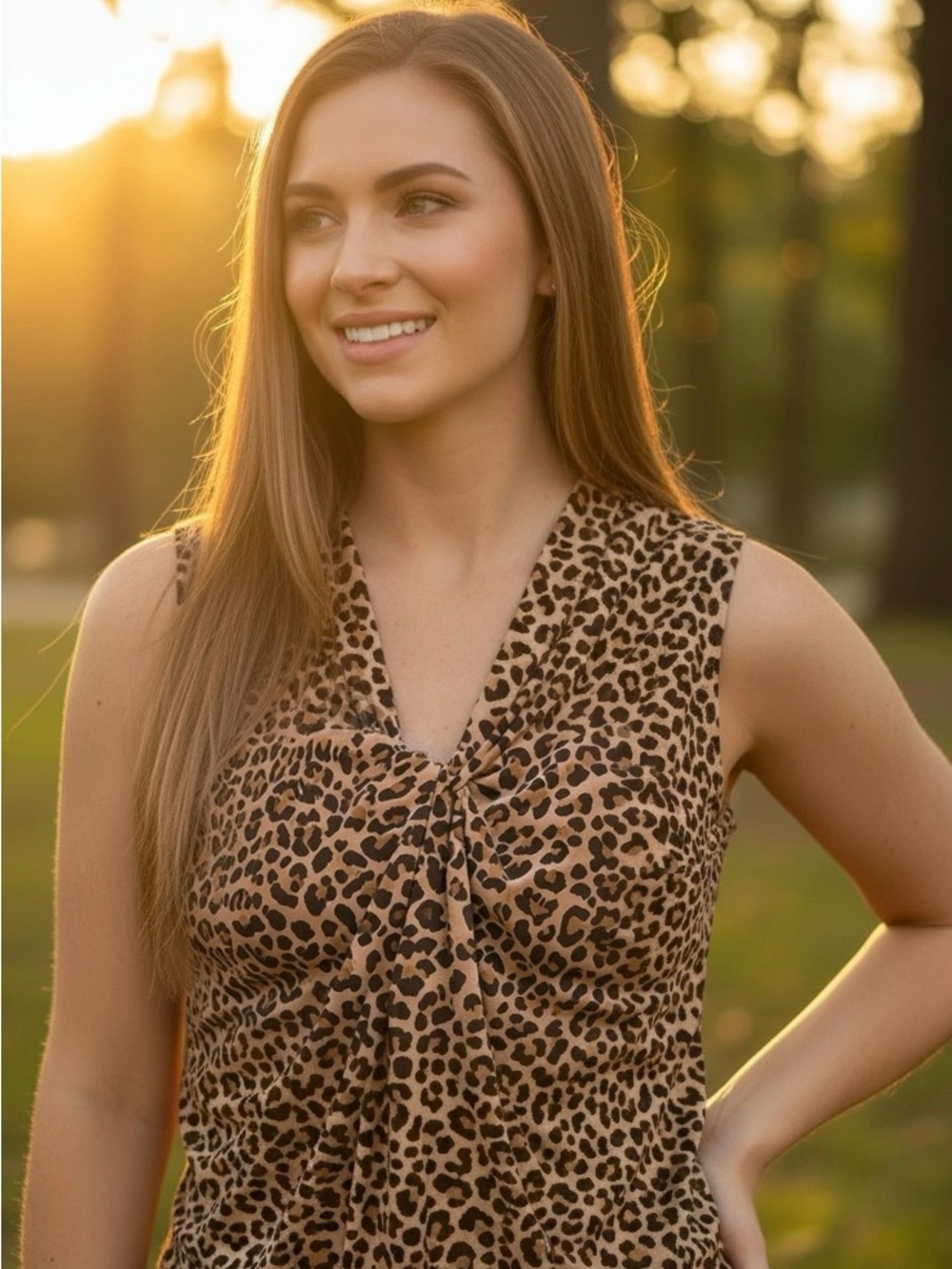 NWT Talbots Sleeveless Leopard Print Tank V-neck Twist Stretchy Brown/Black Edgy